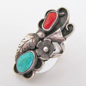 Vintage Coral & Turquoise Sterling Silver Ring